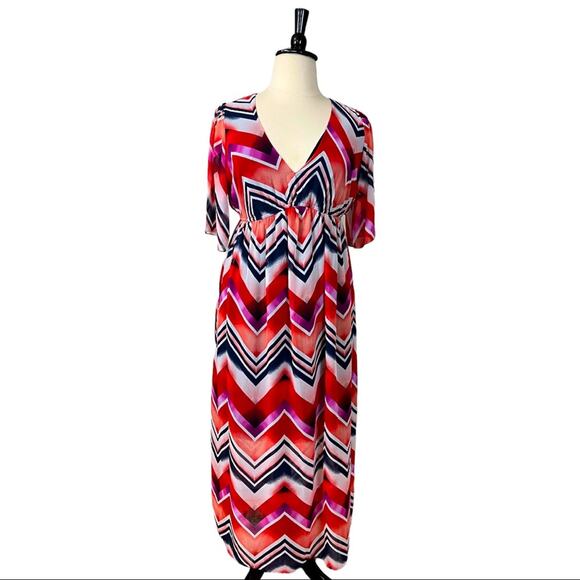 Enfocus Women's Studio V-neck Maxi Dress Red Blue Chevron Stripes Size 14W Plus - Picture 1 of 10